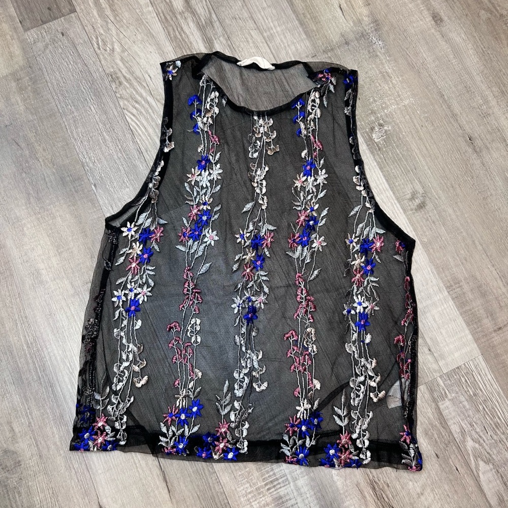 Floral Embroidered Sheer Black Top